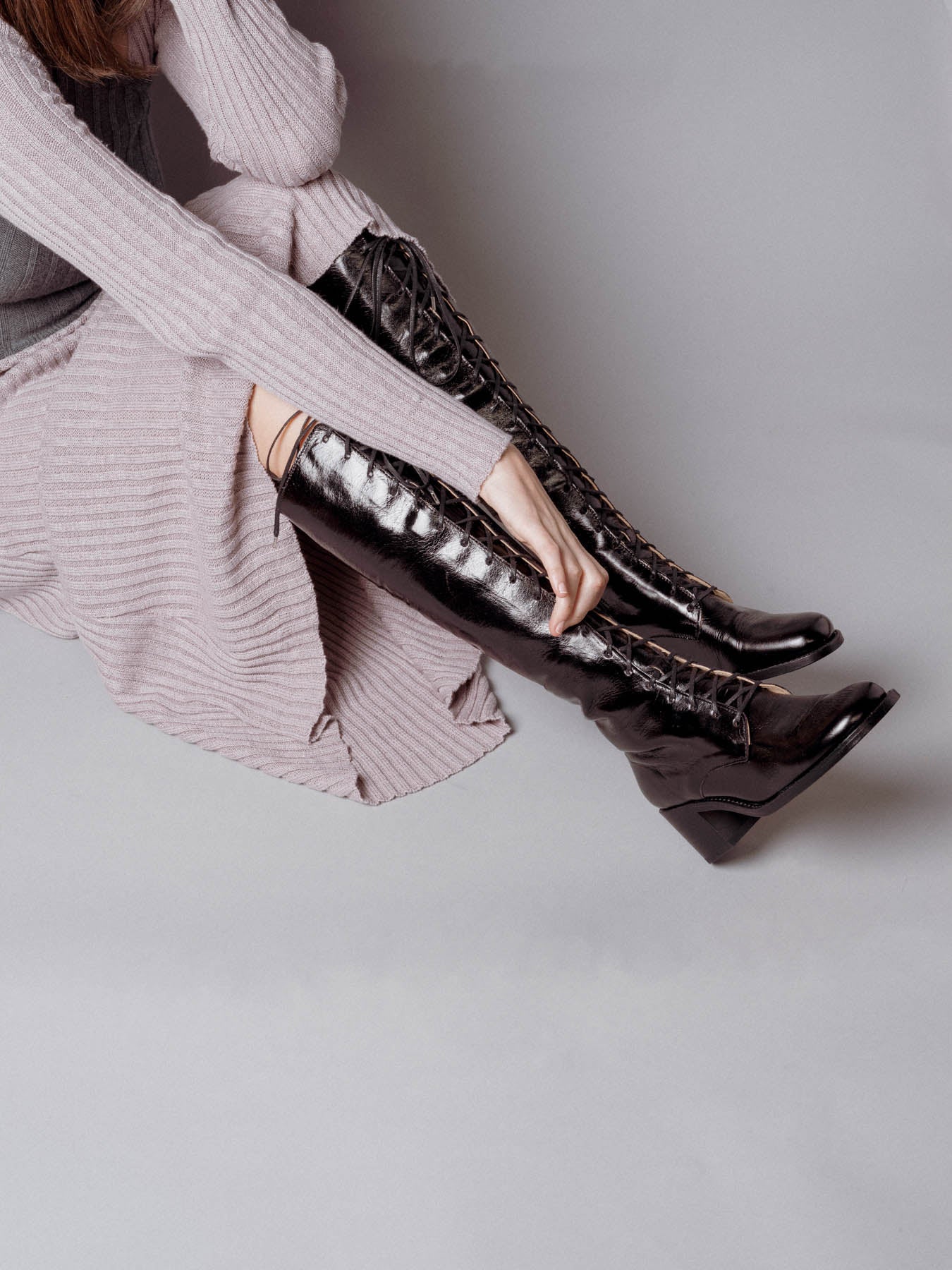 Tie Knee Boot Black Shine