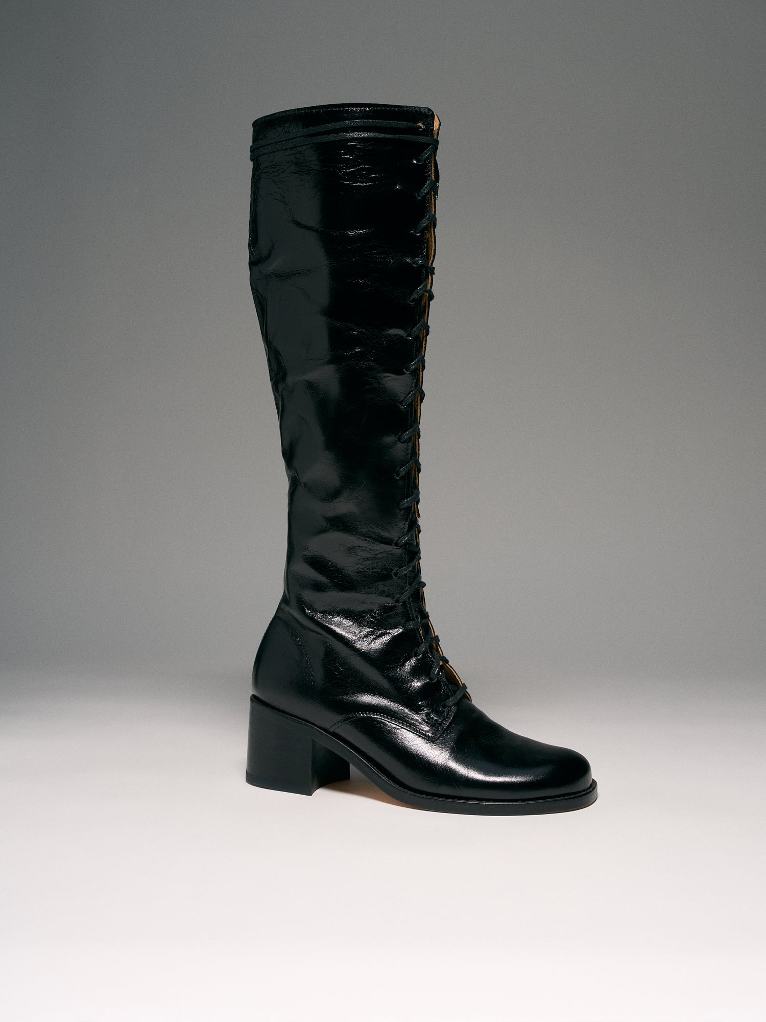 Tie Knee Boot Black Shine