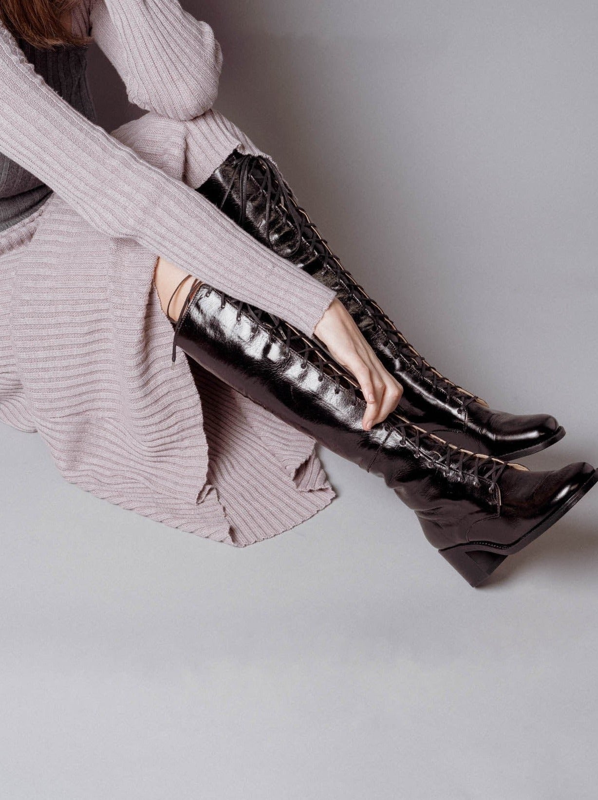 Tie Knee Boot High Black Shine