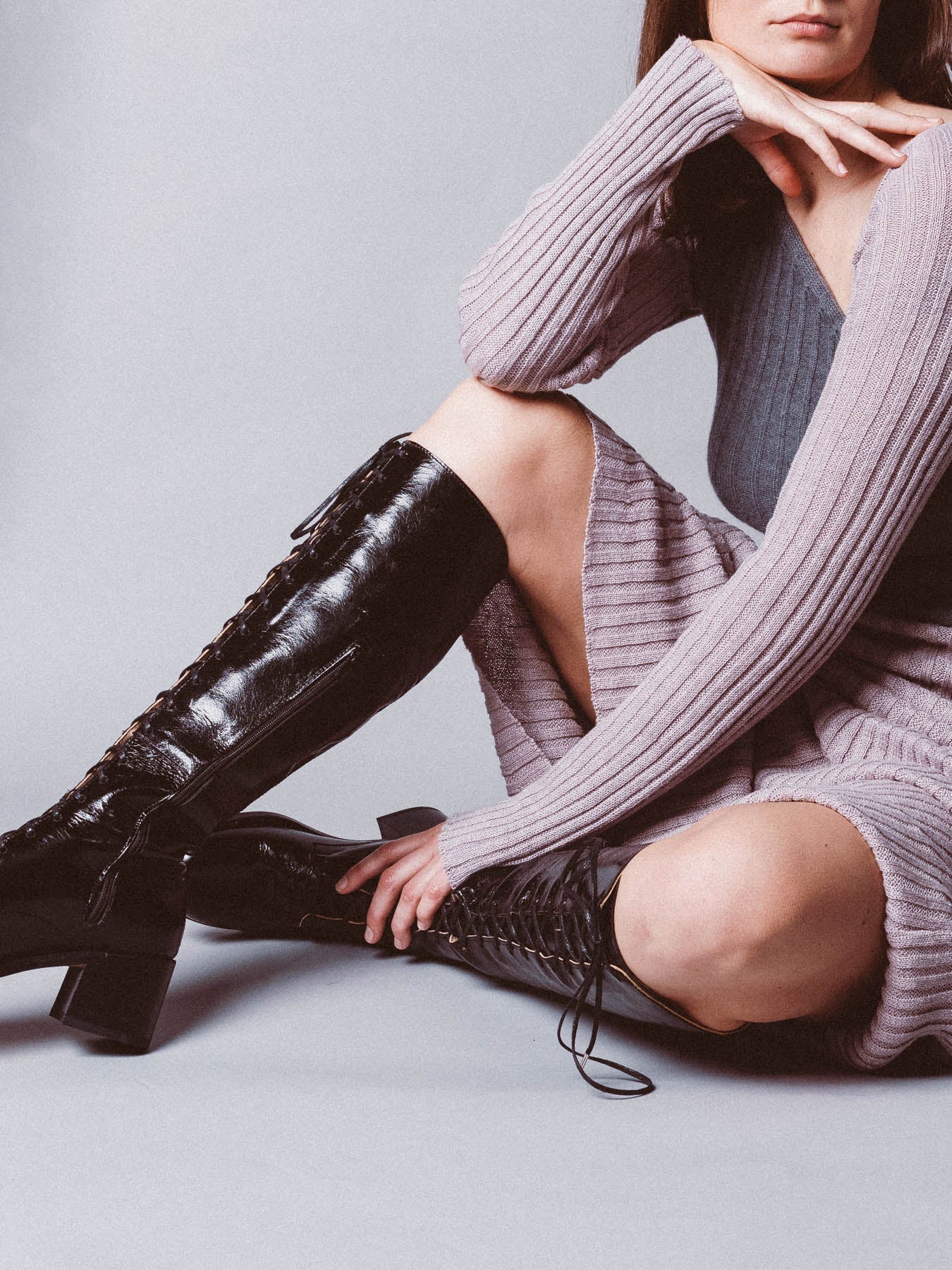 Tie Knee Boot High Black Shine